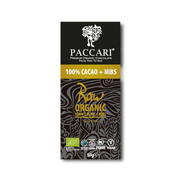 PACCARI Bio Schokolade 100 % + Nibs Raw 50 g